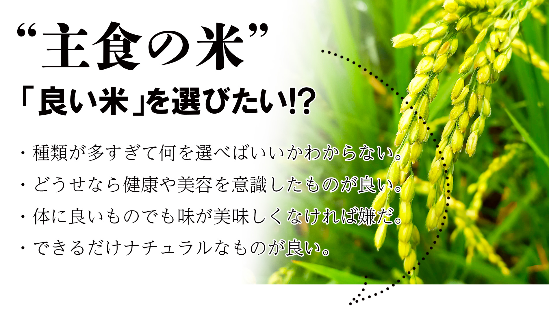 主食である米!主食だからこそ「良い米」を選びたい
・種類が多すぎて何を選べばいいかわからない
・どうせなら健康や美容を意識したものが良い
・体に良いものでも味が美味しくなければ嫌だ
・できるだけナチュラルなものが良い